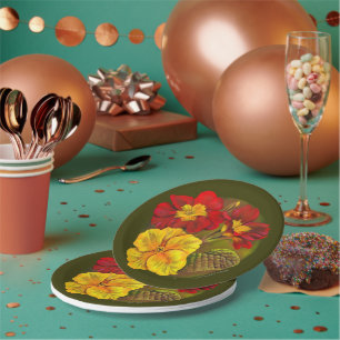 Primrose Yellow red green fine art spring painting Paper Plate