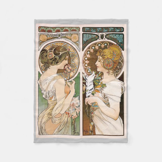 Primroses and Feather, Mucha Fleece Blanket (Front)