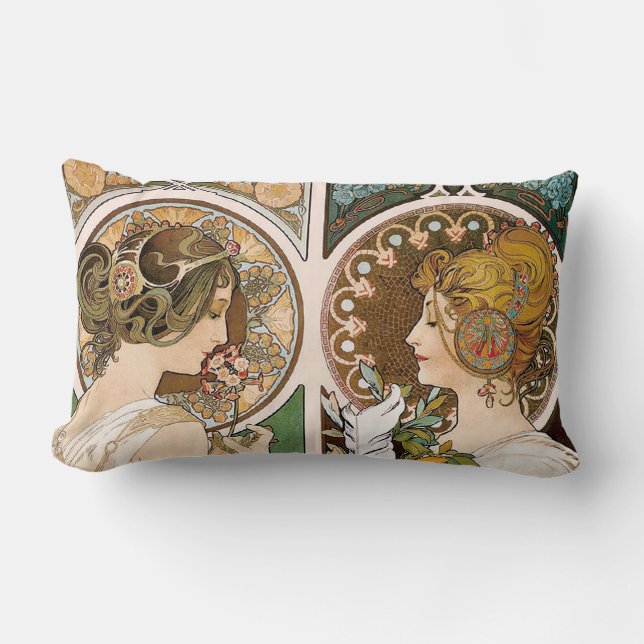 Primroses and Feather, Mucha Lumbar Cushion (Front)