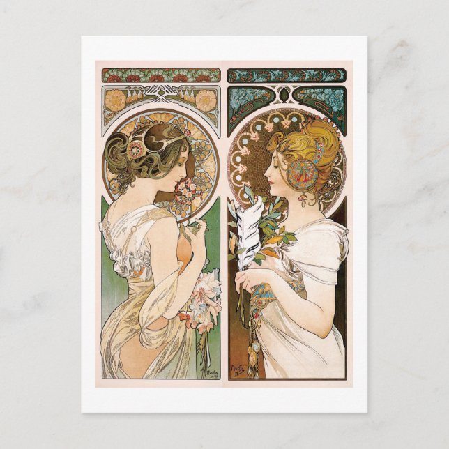 Primroses and Feather, Mucha Postcard (Front)