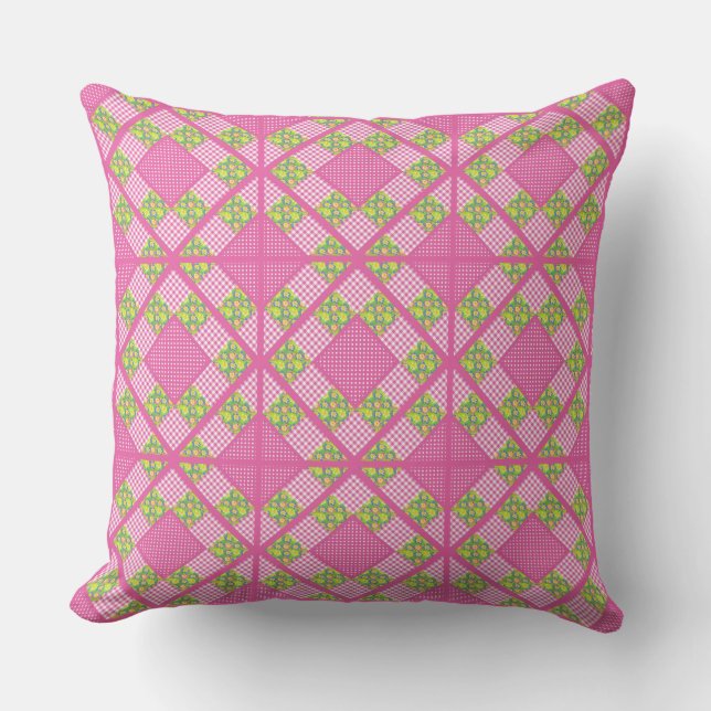 Primroses Floral,Pink, Polkas, Gingham Patchwork Cushion (Front)