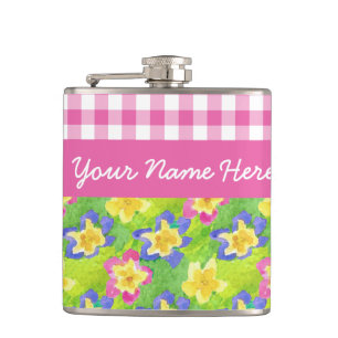 Primroses Hip Flask to Personalise: Pink Gingham