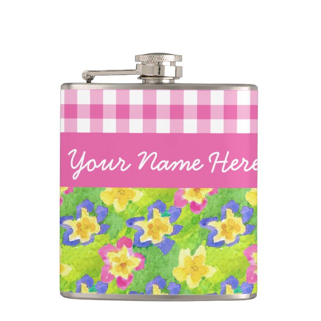 Primroses Hip Flask to Personalise: Pink Gingham (Front)