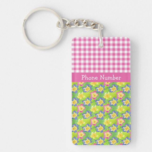 Primroses Keychain to Personalise: Pink Gingham (Front)