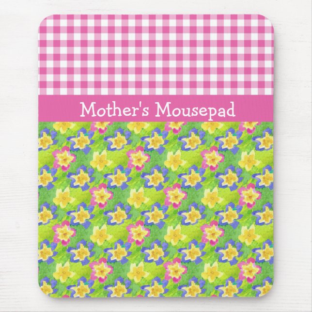 Primroses Mousepad to Personalise: Pink Gingham (Front)