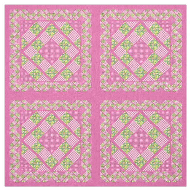 Primroses Pink Vintage Faux Patchwork Pattern Fabric (Swatch)