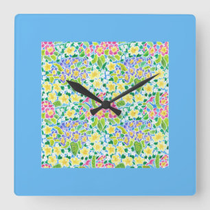 Primroses Square Wall Clock, Turquoise Border Clock