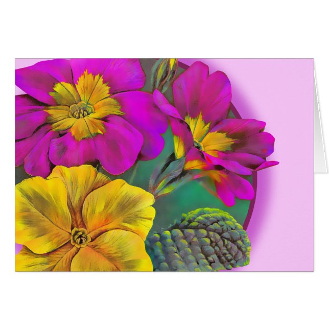 Primula primrose pink yellow spring art card (Front Horizontal)