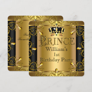 Prince 1st Birthday Boy black Gold Crown 2 Invitation