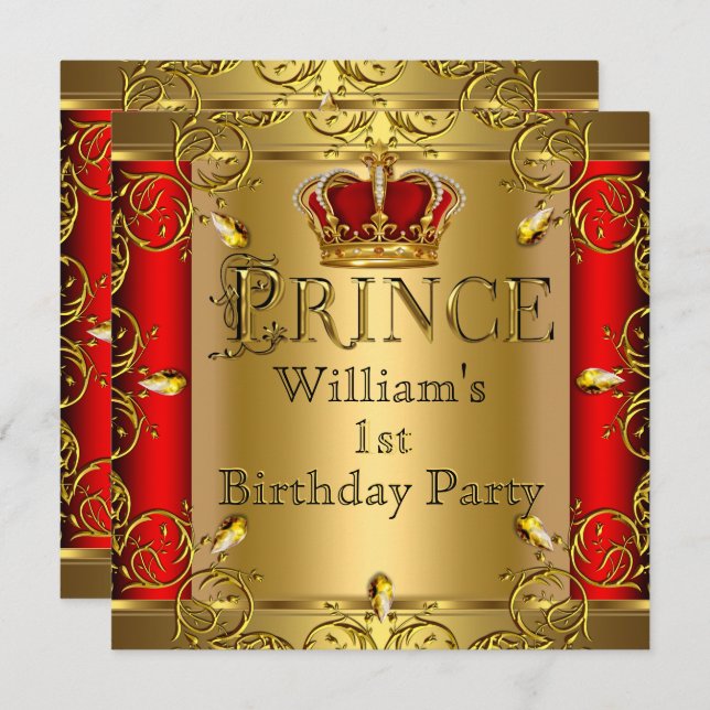 Prince 1st Birthday Boy Red Gold Crown 2 Invitation (Front/Back)