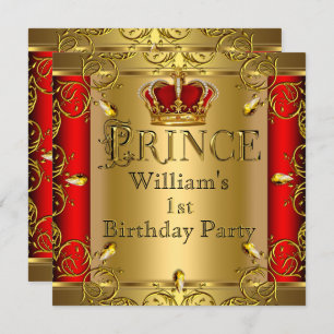 Prince 1st Birthday Boy Red Gold Crown 2 Invitation