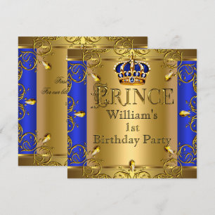 Prince 1st Birthday Boy Royal Blue Gold Crown Invitation