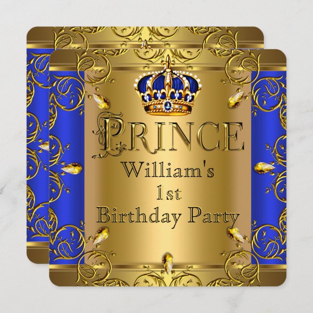 Prince 1st Birthday Boy Royal Blue Gold Crown Invitation (Front/Back)