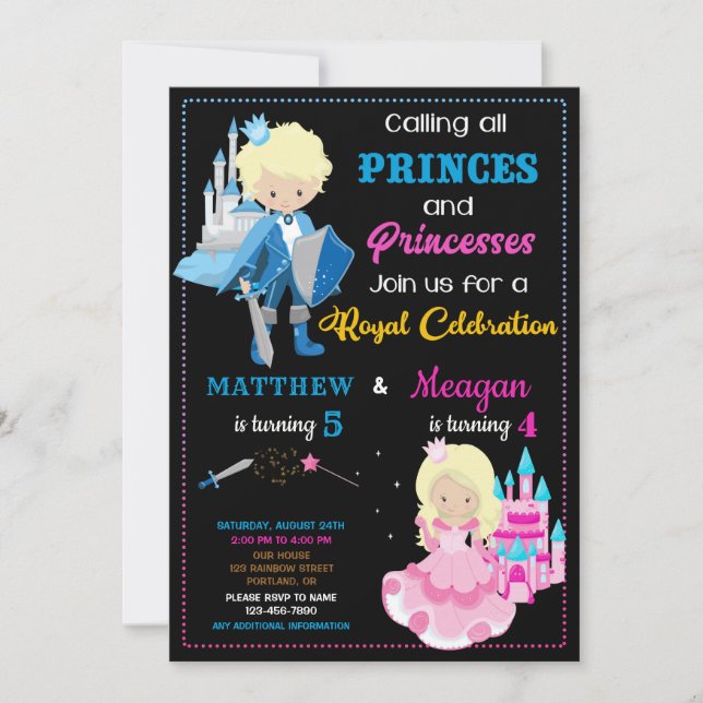 Prince and Princess birthday invitation Dual party (Front)
