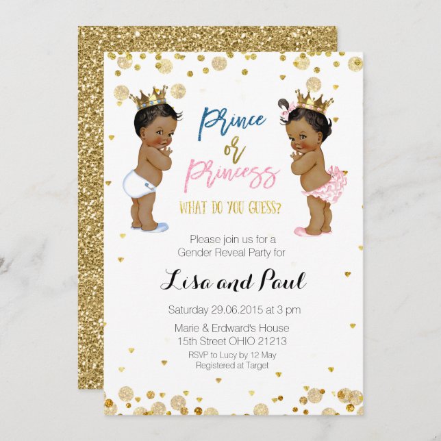 Prince and princess Gender Reveal invite Gold (Front/Back)