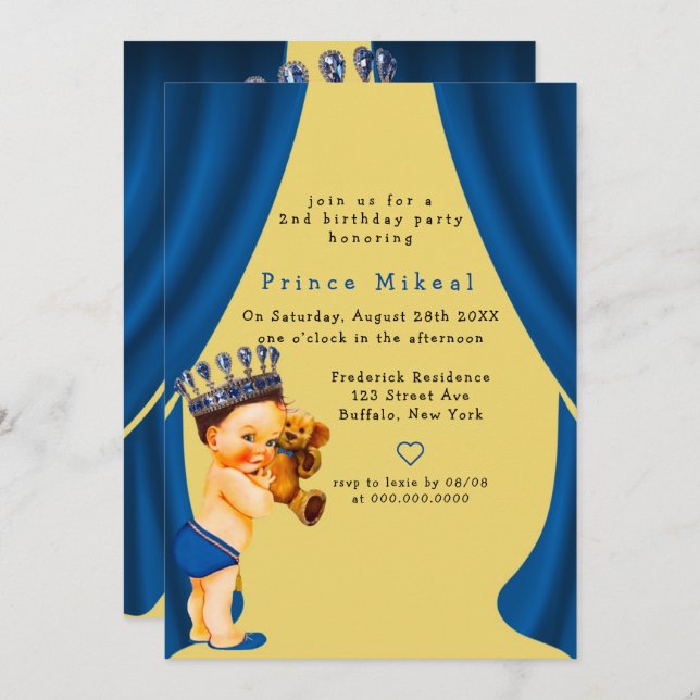 Prince and Teddy Bear Blue Gold Birthday Party Invitation (Front/Back)