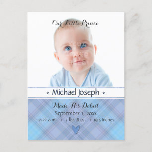 Prince Baby Blue Boy Plaid Birth Announcement Postcard