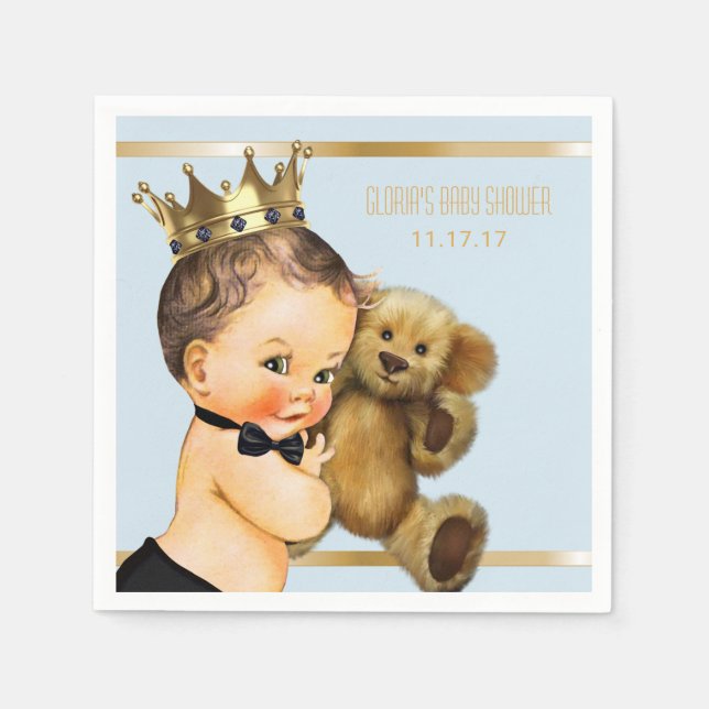 Prince Baby Boy Shower Personalised Baby Blue Gold Napkin (Front)