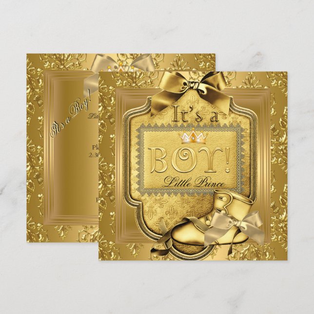 Prince Baby Shower Baby Boy Elite Damask Gold 2 Invitation (Front/Back)