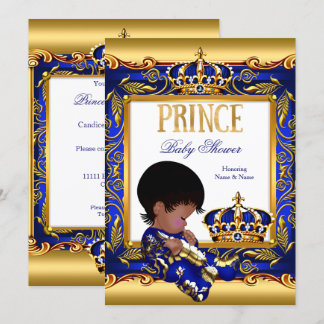Prince Baby Shower Blue Gold African American Foil Invitation