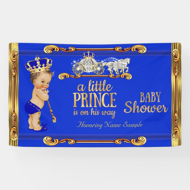 Prince Baby Shower Blue Gold Carriage Brunette Boy Banner (Horizontal)
