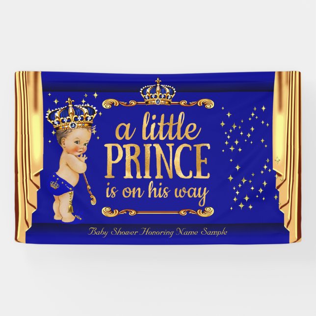 Prince Baby Shower Blue Gold Drapes Brunette Boy Banner (Horizontal)