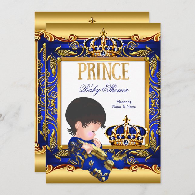 Prince Baby Shower Blue Gold Foil Boy Invitation (Front/Back)