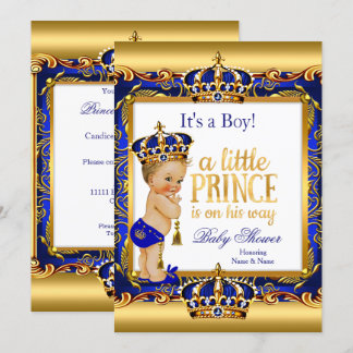 Prince Baby Shower Blue Ornate Gold Blonde Boy Invitation