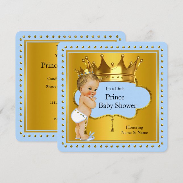 Prince Baby Shower Boy Blue Gold Crown Blonde Invitation (Front/Back)