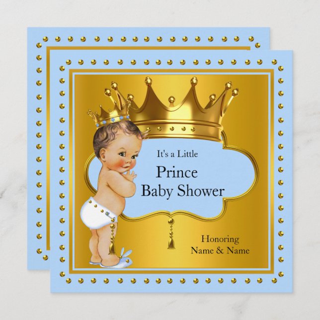 Prince Baby Shower Boy Blue Gold Crown Brunette Invitation (Front/Back)