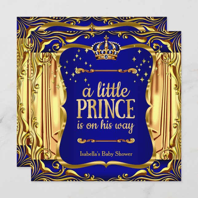 Prince Baby Shower Boy Blue Gold Invitation (Front/Back)