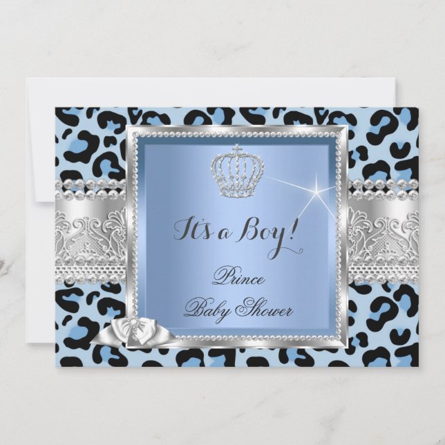 Prince Baby Shower Boy Blue Grey Leopard Invitation (Front)