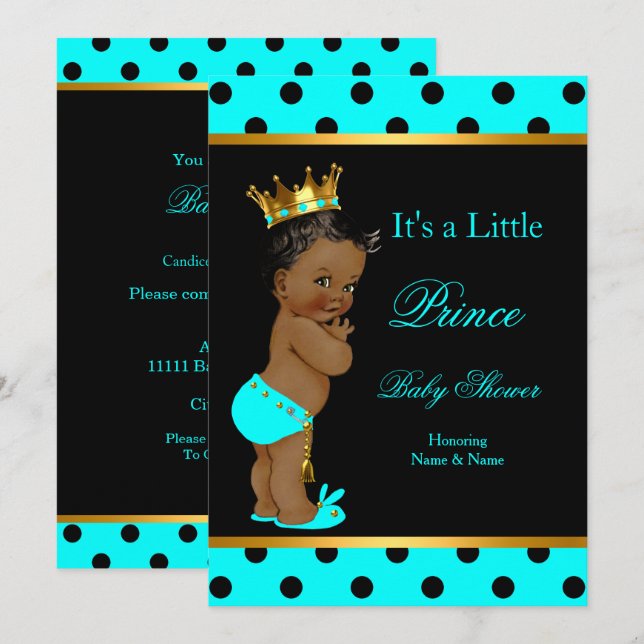 Prince Baby Shower Boy Teal Black Ethnic Invitation (Front/Back)