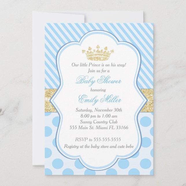 Prince Baby Shower Invitation Blue Gold Glitter (Front)