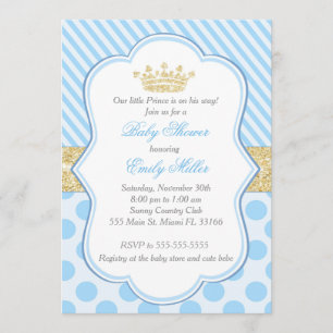 Prince Baby Shower Invitation Blue Gold Glitter