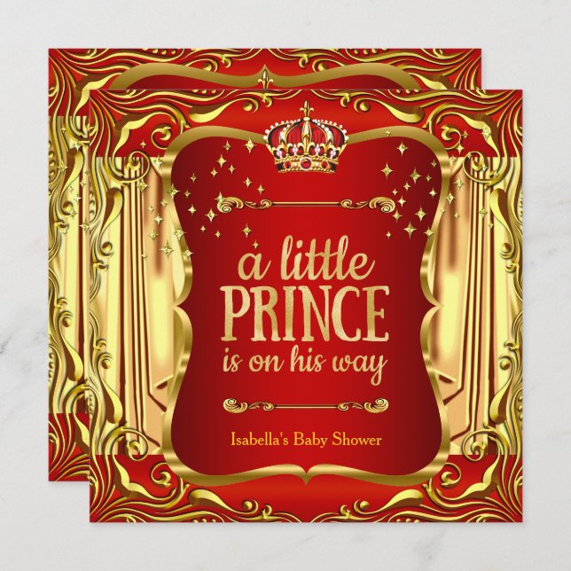 Prince Baby Shower Red Gold Boy Invitation (Front/Back)