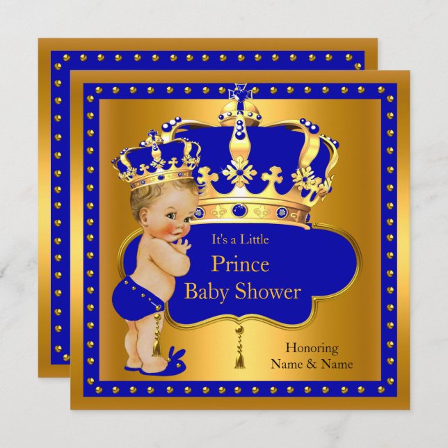 Prince Baby Shower Royal Blue Boy Crown Blonde Invitation (Front/Back)