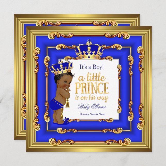 Prince Baby Shower Royal Blue Gold Frame Ethnic Invitation (Front/Back)