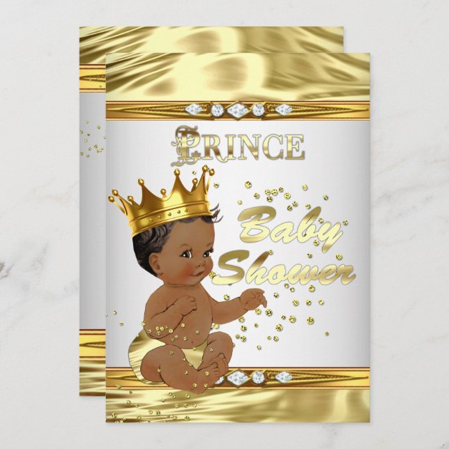 Prince Baby Shower White Gold Foil Ethnic Invitation (Front/Back)