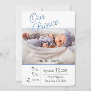 Prince Blue Baby Boy Elegant Photo Name Birth Announcement