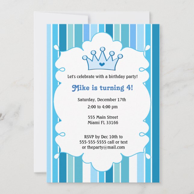 Prince Blue Kids Birthday Invitation (Front)