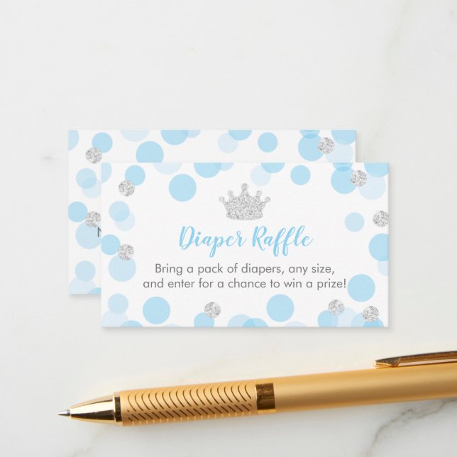 Prince Blue & Silver Baby Shower Diaper Raffle Enclosure Card (Front/Back In Situ)
