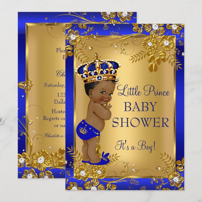 Prince Boy Baby Shower Gold Blue African American Invitation (Front/Back)