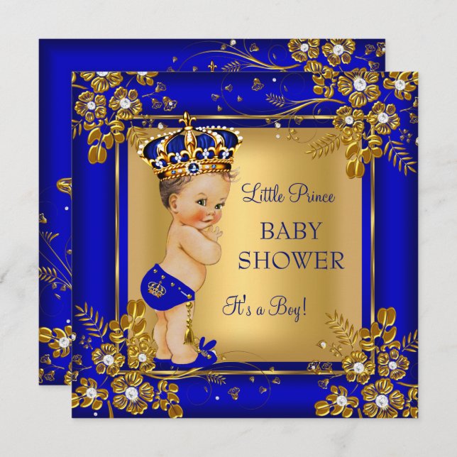 Prince Boy Baby Shower Gold Blue Brunette Invitation (Front/Back)