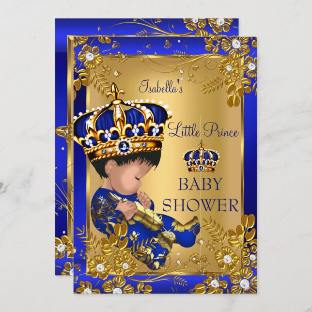 Prince Boy Baby Shower Gold Blue Crown Invitation (Front/Back)