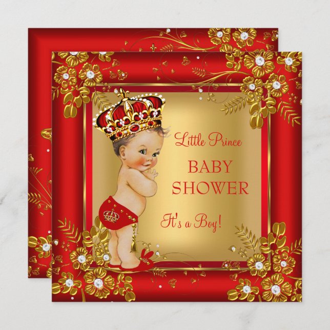Prince Boy Baby Shower Gold Red Brunette Invitation (Front/Back)