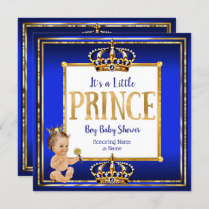 Prince Boy Baby Shower Royal Blue Gold Brunette Invitation