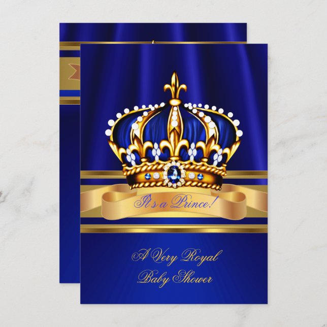 Prince Boy Baby Shower Royal Blue Gold Crown Invitation (Front/Back)