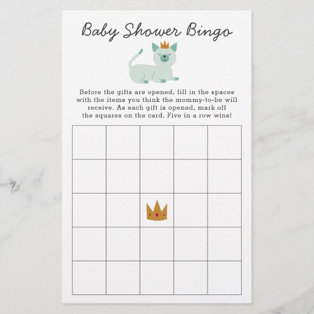 Prince Cat Bingo Baby Shower Game (Front)