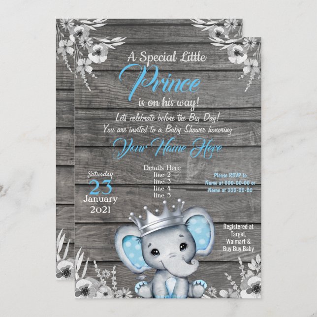 Prince Elephant Baby Shower Invitation Silver Blue (Front/Back)